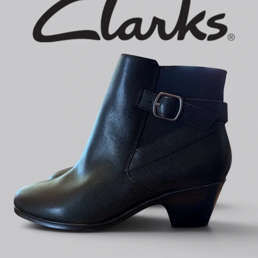 Women’s Clarks Black Leather Ankle Boots with Buckle Strap